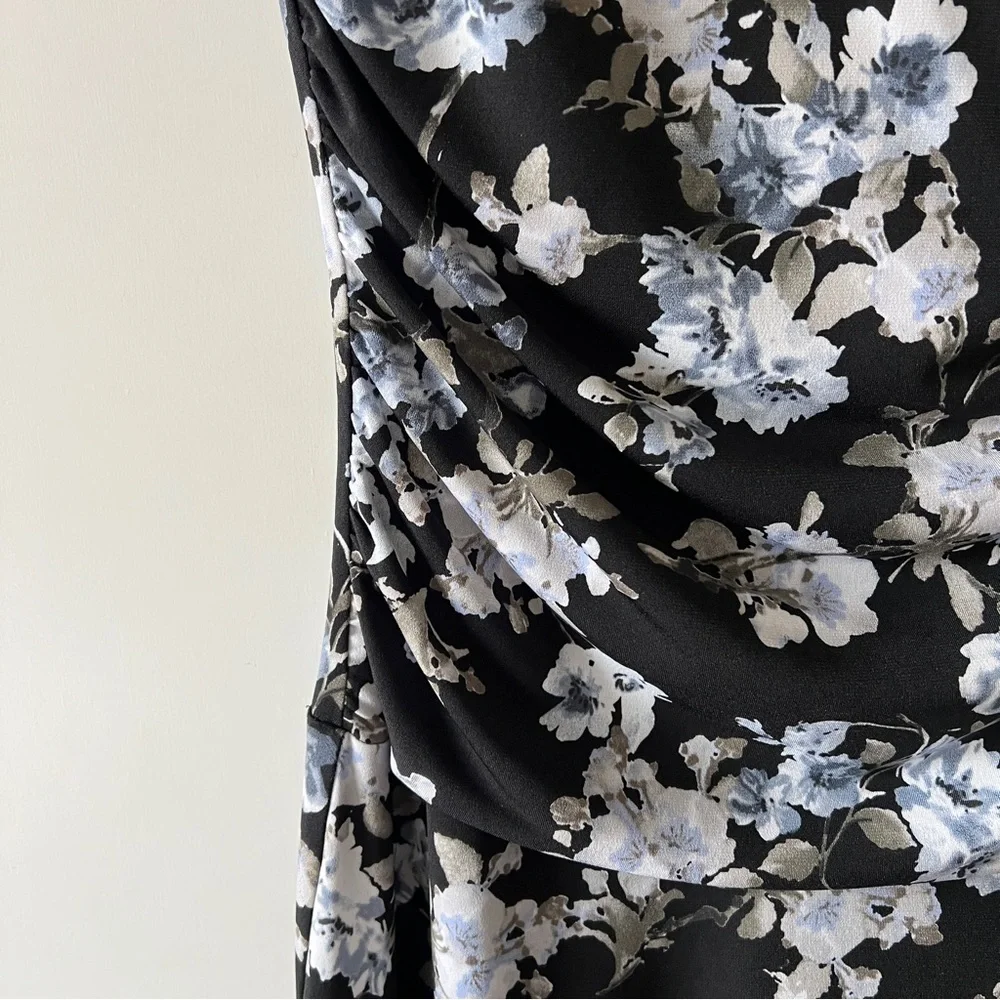 Vintage Floral Ruched Midi Dress Black Blue White Cap Sleeve 90s Cottagecore SM - Picture 3 of 9